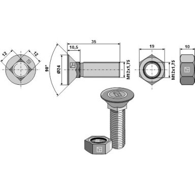 Plūgo varžtas DIN608 M12x1,75x35 ir šešiakampė veržlė