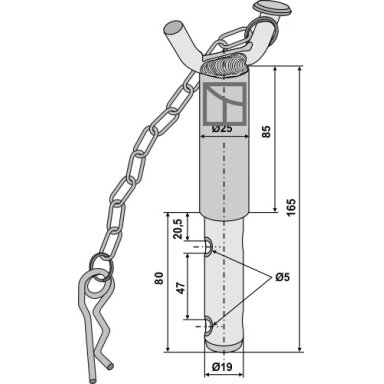Dvigubas kaištis with handle, chain and spring pin