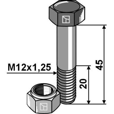 Šešiakampis varžtas M12x1,25X45 su savaime užsifiksuojančia veržle