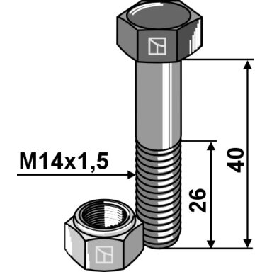 Šešiakampis varžtas M14x1,5x40 su savaime užsifiksuojančia veržle
