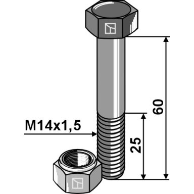 Šešiakampis varžtas M14x1,5x60 su savaime užsifiksuojančia veržle