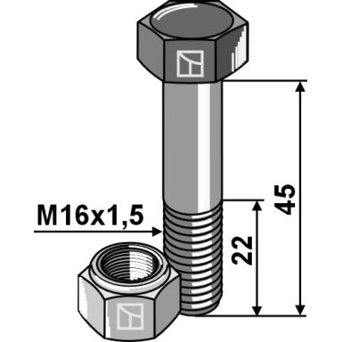 Šešiakampis varžtas M16x1,5x45 su savaime užsifiksuojančia veržle