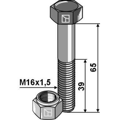 Šešiakampis varžtas M16x1,5x65 su savaime užsifiksuojančia veržle