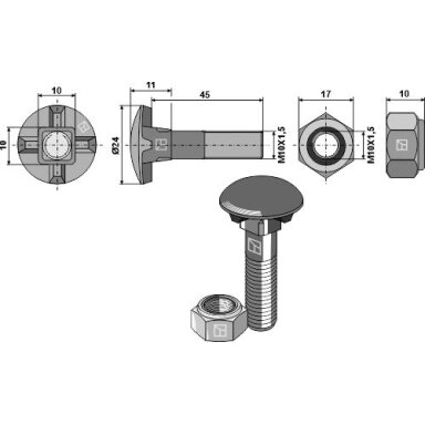 Plūgo varžtas M10 x 1,5 x 45 ir šešiakampė veržlė Plūgo varžtas M10 x 1,5 x 45 ir šešiakampė veržlė