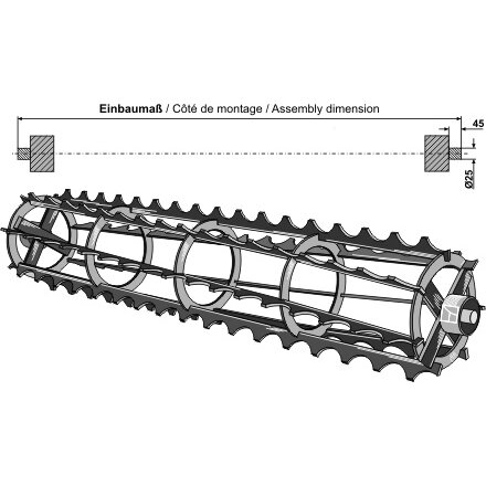 Tankinimo volo dantyti skersiniai su ištisiniu velenu - 1640mm