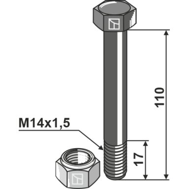Šešiakampis varžtas M14x1,5x110 su savaime užsifiksuojančia veržle