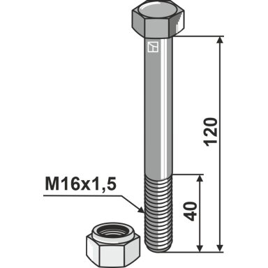 Šešiakampis varžtas M16x1,5x120 su savaime užsifiksuojančia veržle