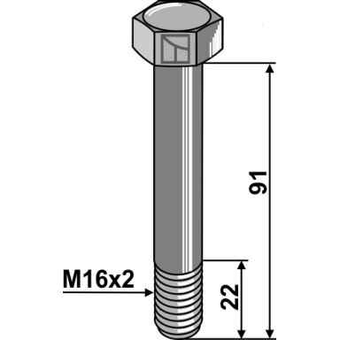 Varžtas su šešiakampe galvute M16x2x91  be veržlės