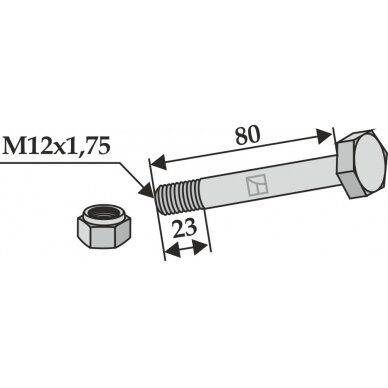 Šešiakampis varžtas M12x1,75x80 su savaime užsifiksuojančia veržle Šešiakampis varžtas M12x1,75x80 su savaime užsifiksuojančia veržle