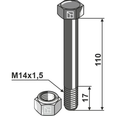 Šešiakampis varžtas M14x1,5x110 su savaime užsifiksuojančia veržle