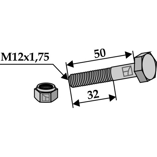 Šešiakampis varžtas M12x1,75x50 su savaime užsifiksuojančia veržle Šešiakampis varžtas M12x1,75x50 su savaime užsifiksuojančia veržle