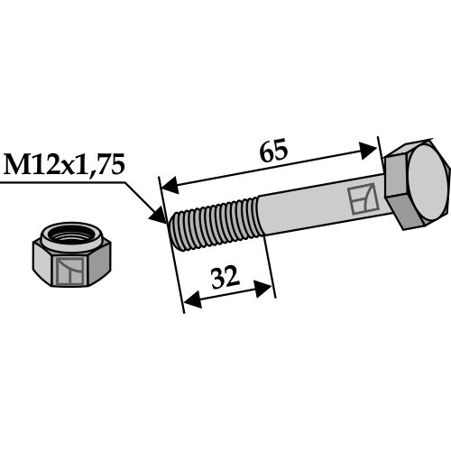 Šešiakampis varžtas M12x1,75x65 su savaime užsifiksuojančia veržle