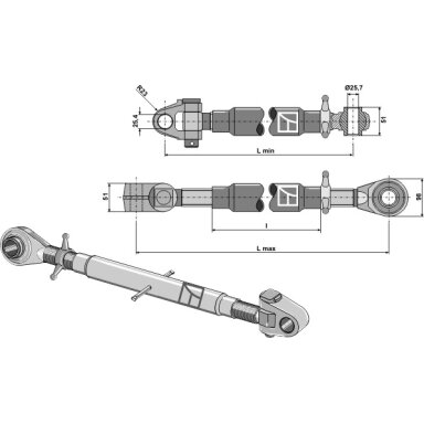 Centrinė traukė sustiprintais antgaliais and swivelling tie-rod M36x3 Centrinė traukė sustiprintais antgaliais and swivelling tie-rod M36x3