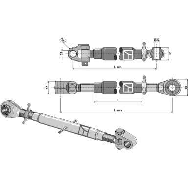 Centrinė traukė sustiprintais antgaliais and swivelling tie-rod M36x3 Centrinė traukė sustiprintais antgaliais and swivelling tie-rod M36x3