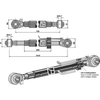 Centrinė traukė su sustiprintais antgaliais M42x3, II kat., 730-1010 mm ilgio