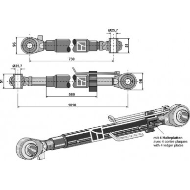 Centrinė traukė su sustiprintais antgaliais M42x3, II kat., 730-1010 mm ilgio 1 Centrinė traukė su sustiprintais antgaliais M42x3, II kat., 730-1010 mm ilgio 1