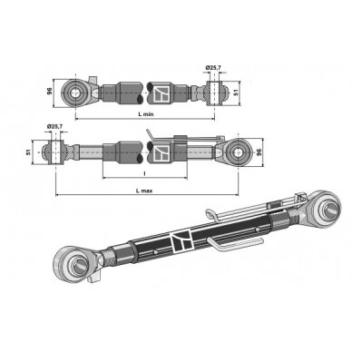 Centrinė traukė su sustiprintais antgaliais M42x3, II kat., 730-1010 mm ilgio 1 Centrinė traukė su sustiprintais antgaliais M42x3, II kat., 730-1010 mm ilgio 1