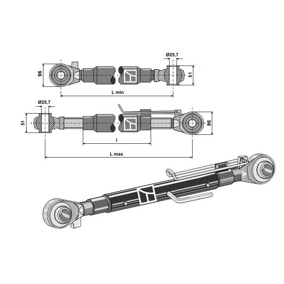 Centrinė traukė su sustiprintais antgaliais M42x3, II kat., 730-1010 mm ilgio