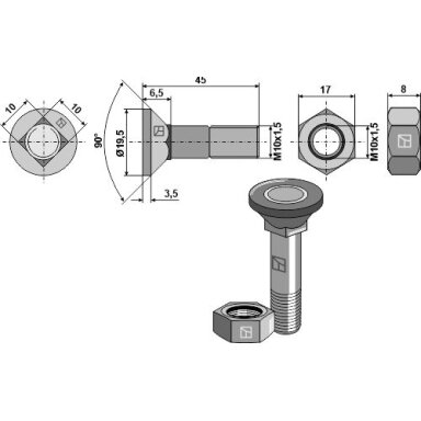 Plūgo varžtas M10x1,5x45 ir šešiakampė veržlė