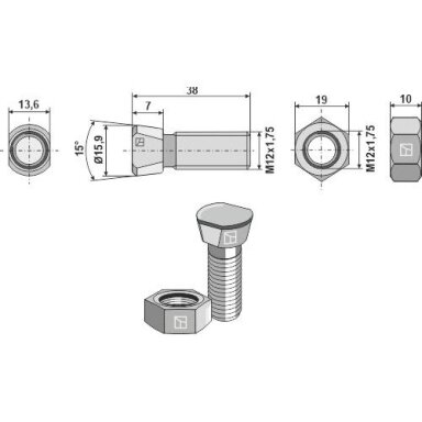 Plūgo varžtas su veržle M12x1,75x38, 013234