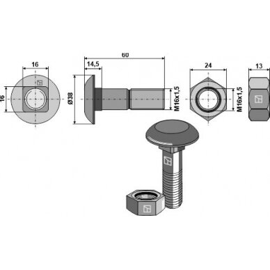 Plūgo varžtas M16x1,5x60 ir šešiakampė veržlė 1