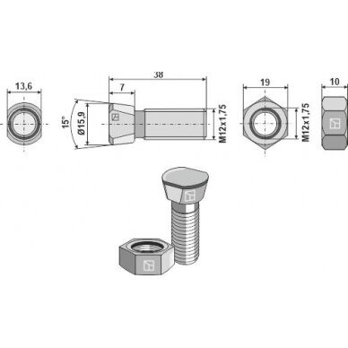 Plūgo varžtas su veržle M12x1,75x38, 013234 3