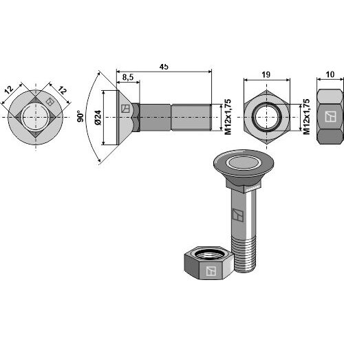 Plūgo varžtas M12x1,75x45 ir šešiakampė veržlė