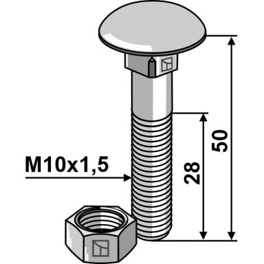 Varžtas M10x1,5x50 su veržle, cinkuotas
