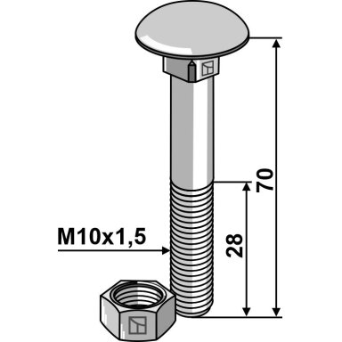 Varžtas M10x1,5x70 su veržle, cinkuotas