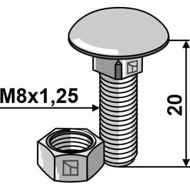 Varžtas M8x1,25x20 su veržle, cinkuotas