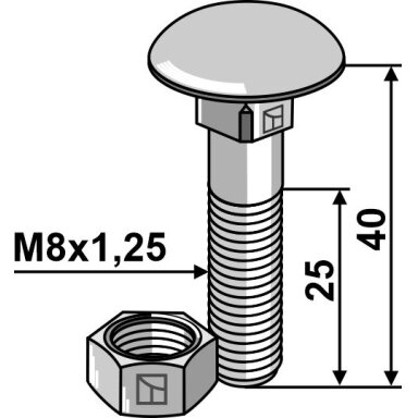 Varžtas M8x1,25x40 su veržle, cinkuotas