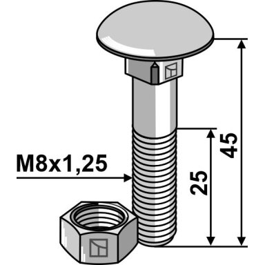 Varžtas M8x1,25x45 su veržle, cinkuotas
