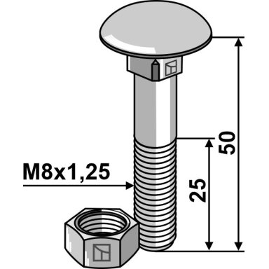 Varžtas M8x1,25x50 su veržle, cinkuotas