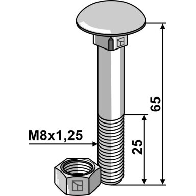 Varžtas M8x1,25x65 su veržle, cinkuotas