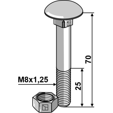 Varžtas M8x1,25x70 su veržle, cinkuotas