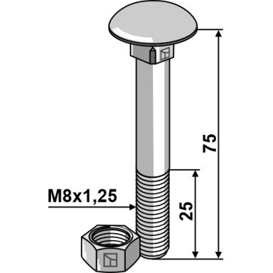 Varžtas M8x1,25x75 su veržle, cinkuotas