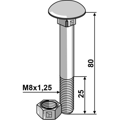 Varžtas M8x1,25x80 su veržle, cinkuotas
