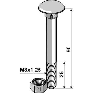 Varžtas M8x1,25x90 su veržle, cinkuotas